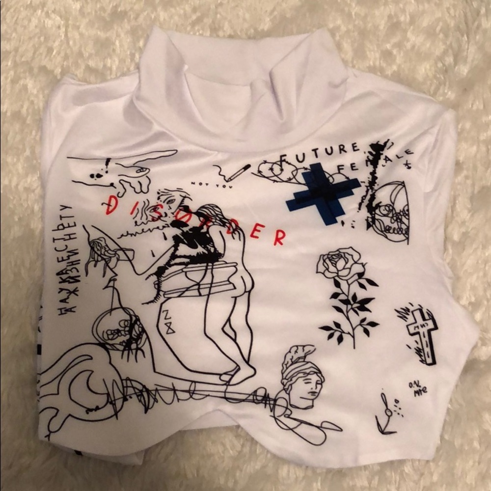 High neck graphic crop top - size S “because cats”